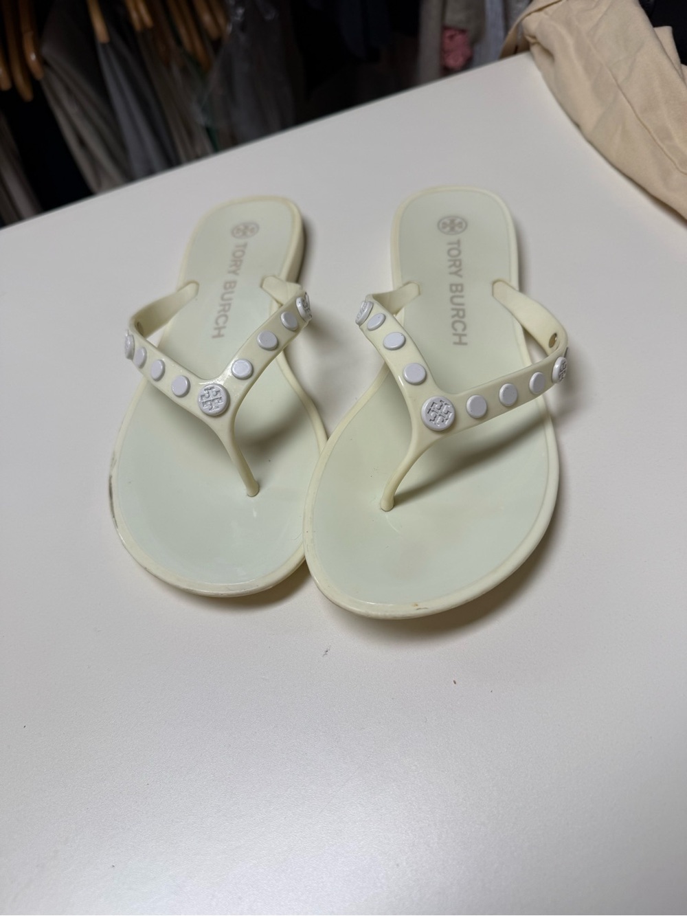 Tory Burch Cream Stud-Embellished Thong Sandals